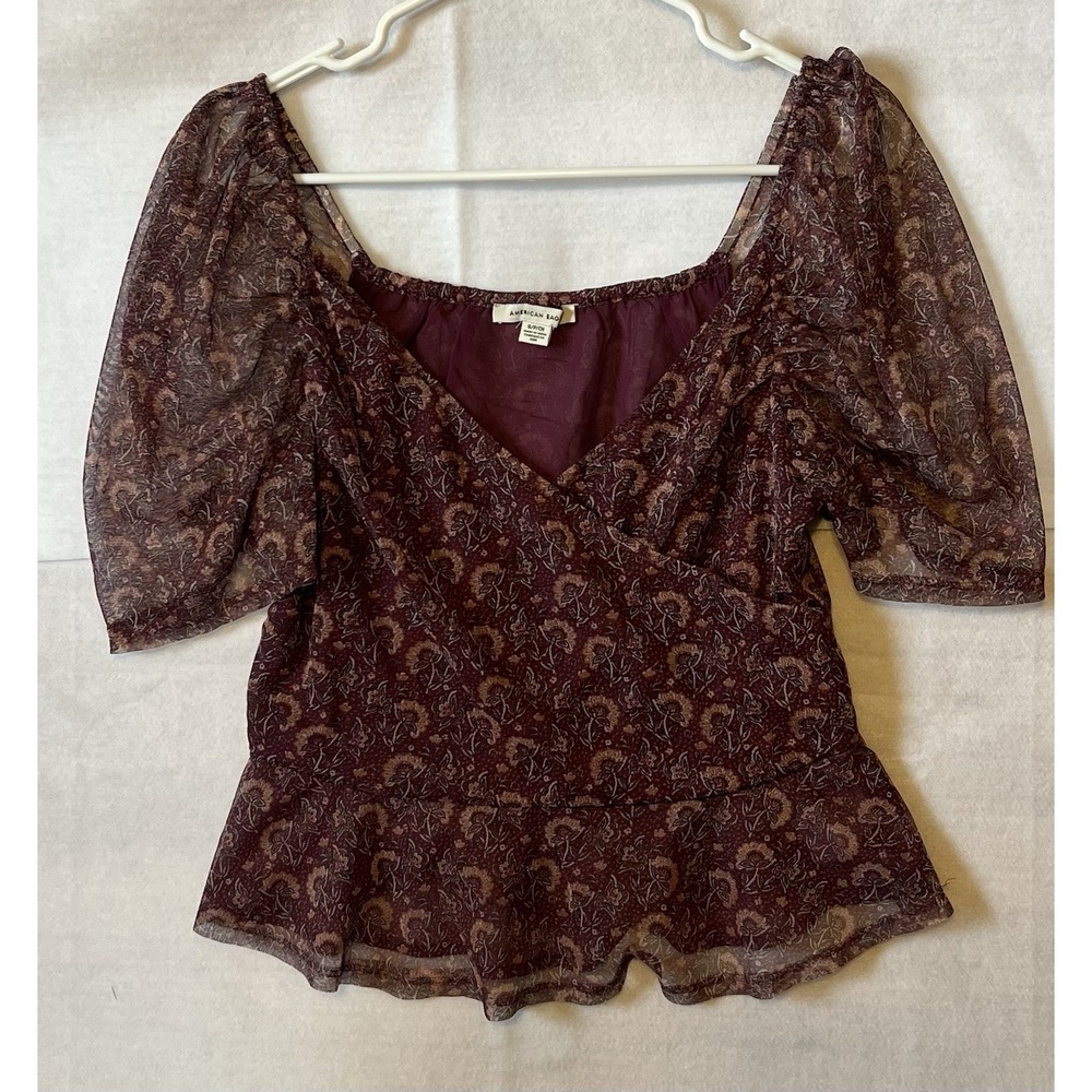 AE American Eagle Women's Puff-Sleeve Blouse Shirt Small Purple Floral Boho Y2K